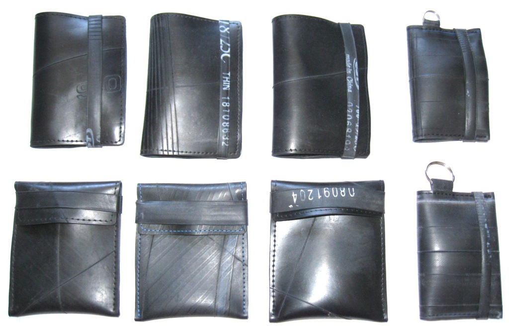 Inner tube wallets, card holders and keyrings made by recycled.co.nz in Wellington, NZ.